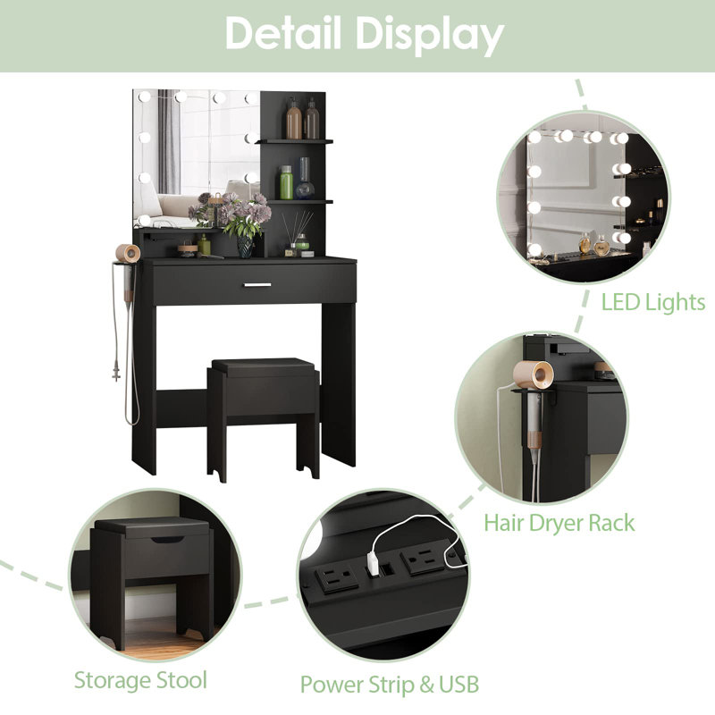Vanity Dressing Table Set with 10 LED Bulbs Mirror And Charging Station