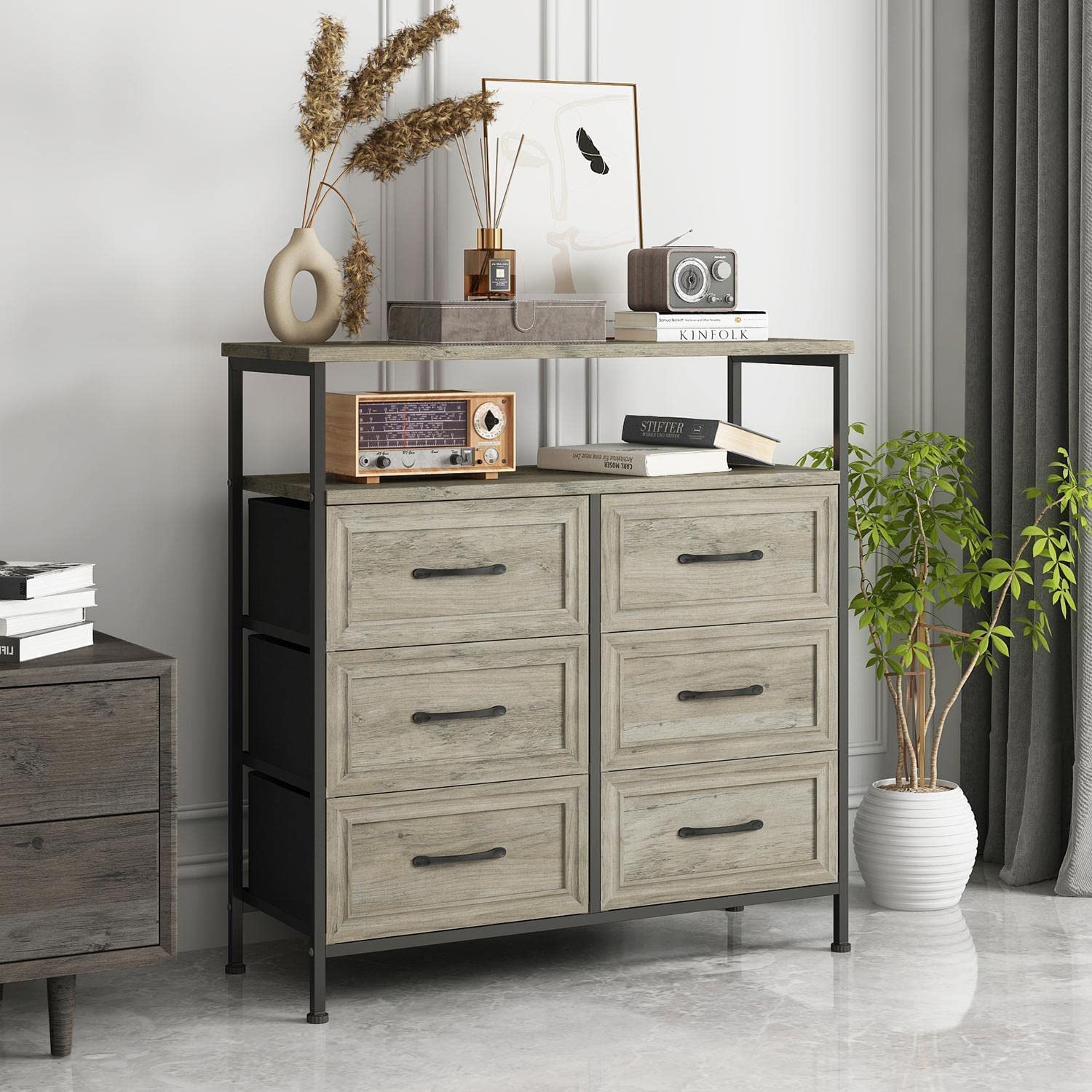 6 Drawer Dresser for Bedroom Rustic Wood Dresser with Shelves Chest of Drawers