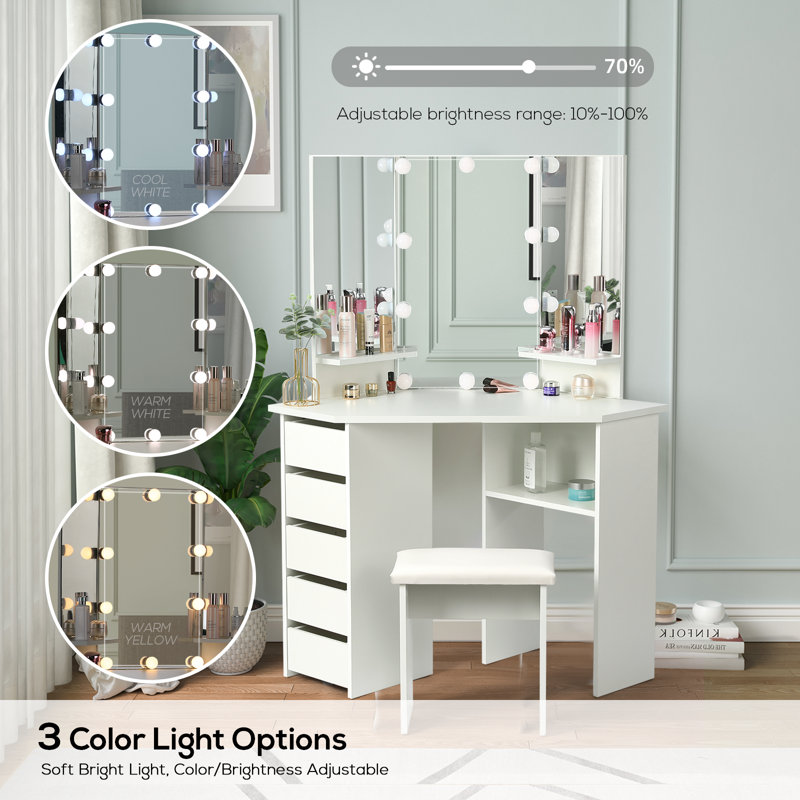 Home Furniture Wooden Modern White Vanity Desk Dressing Table Set with Lighted Mirror