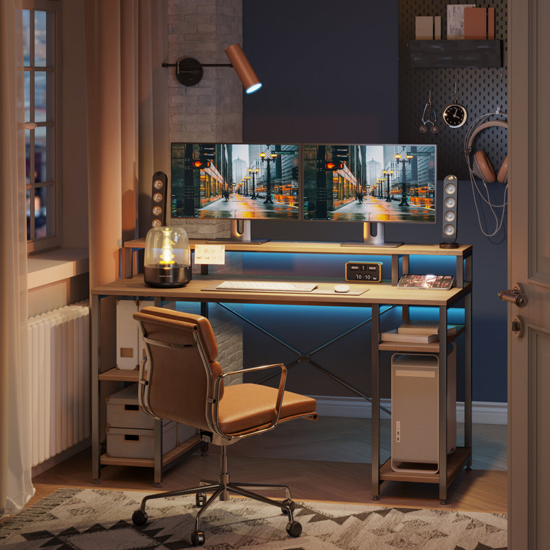 Home Office Furniture Wooden 55 Inches Computer Desk Writing Study Computer Desk with Monitor Shelf