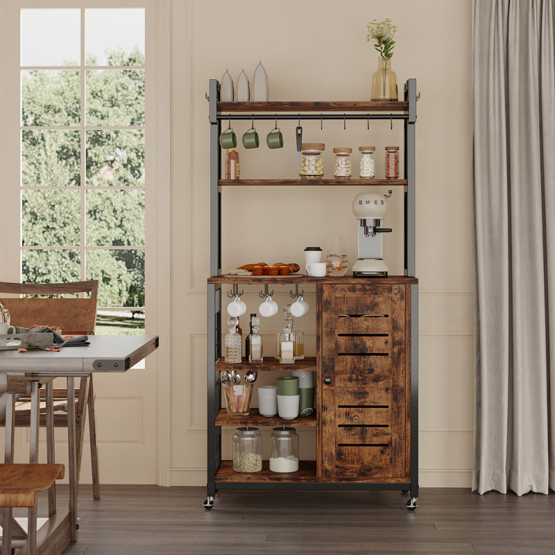 6 Tier Kitchen Furniture Wooden Rolling Cart Baker Rack with Charging Station