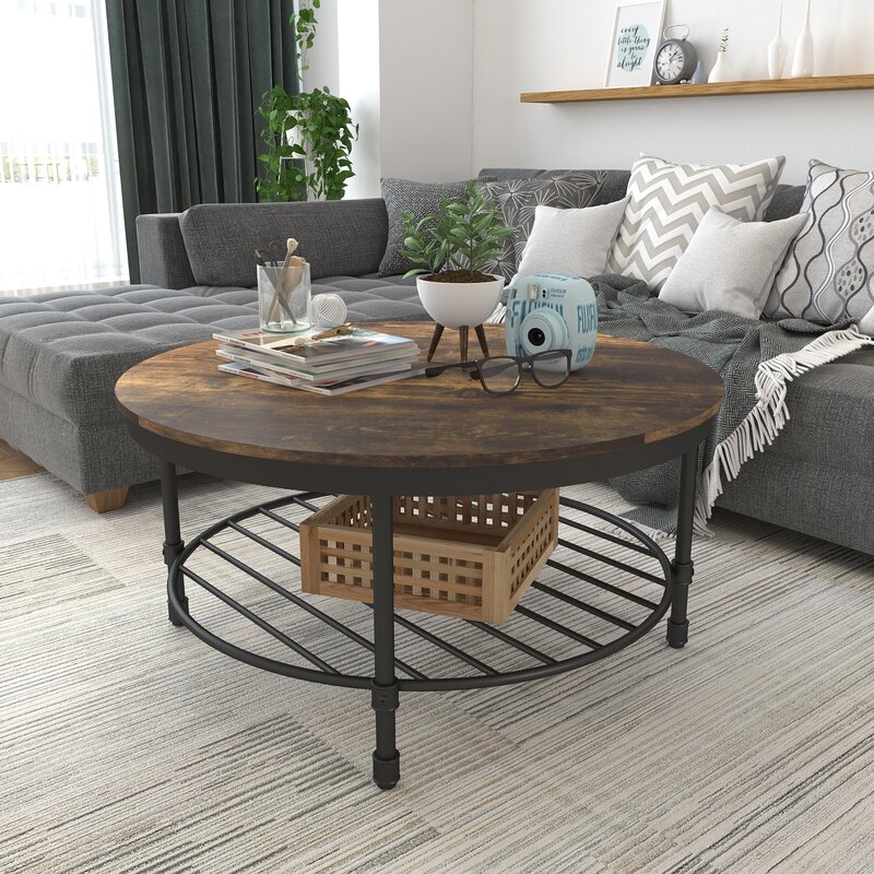 Modern Wood Top Round Coffee Table with Storage Shelf