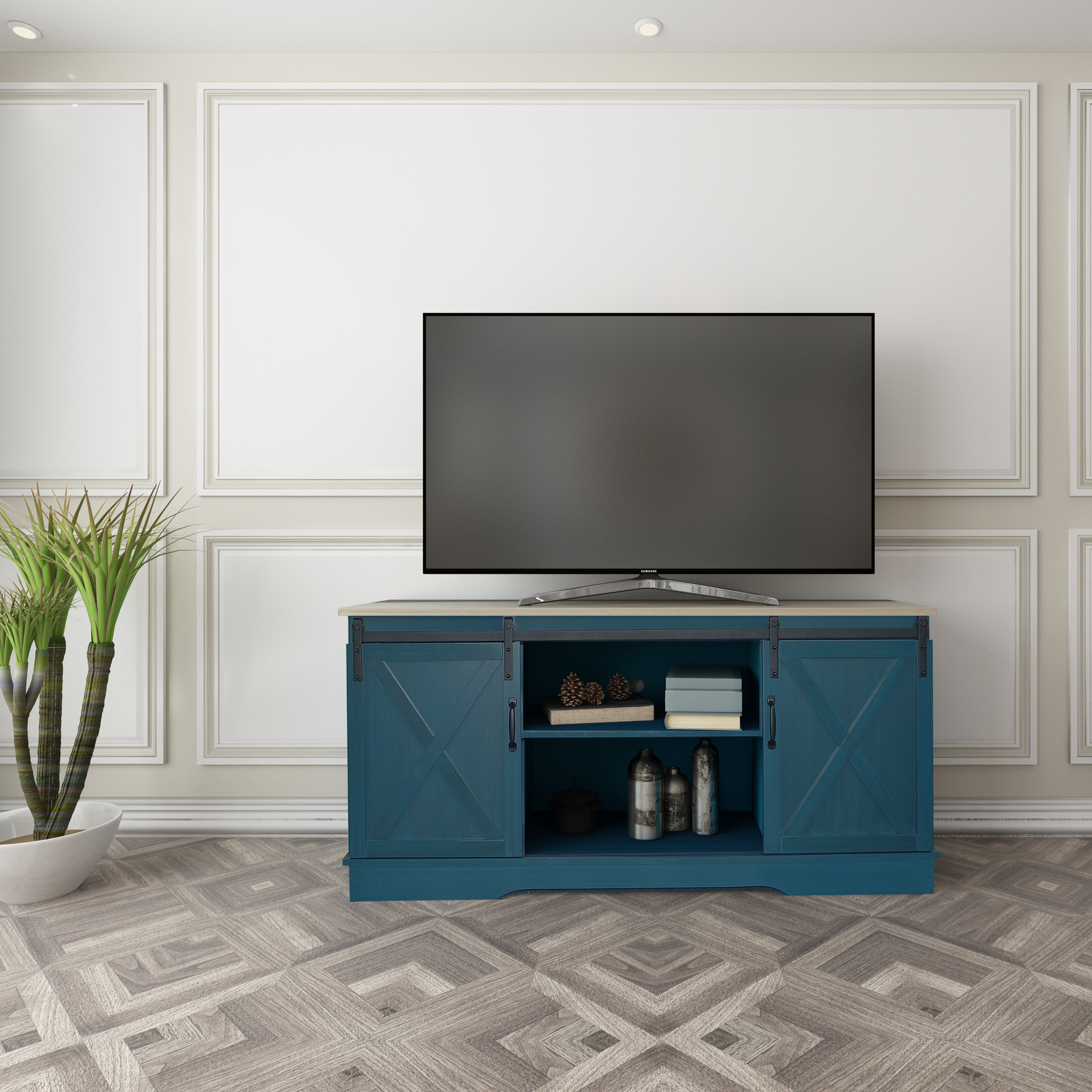 Sliding Barn Door Dark Tv Stand in Bedroom