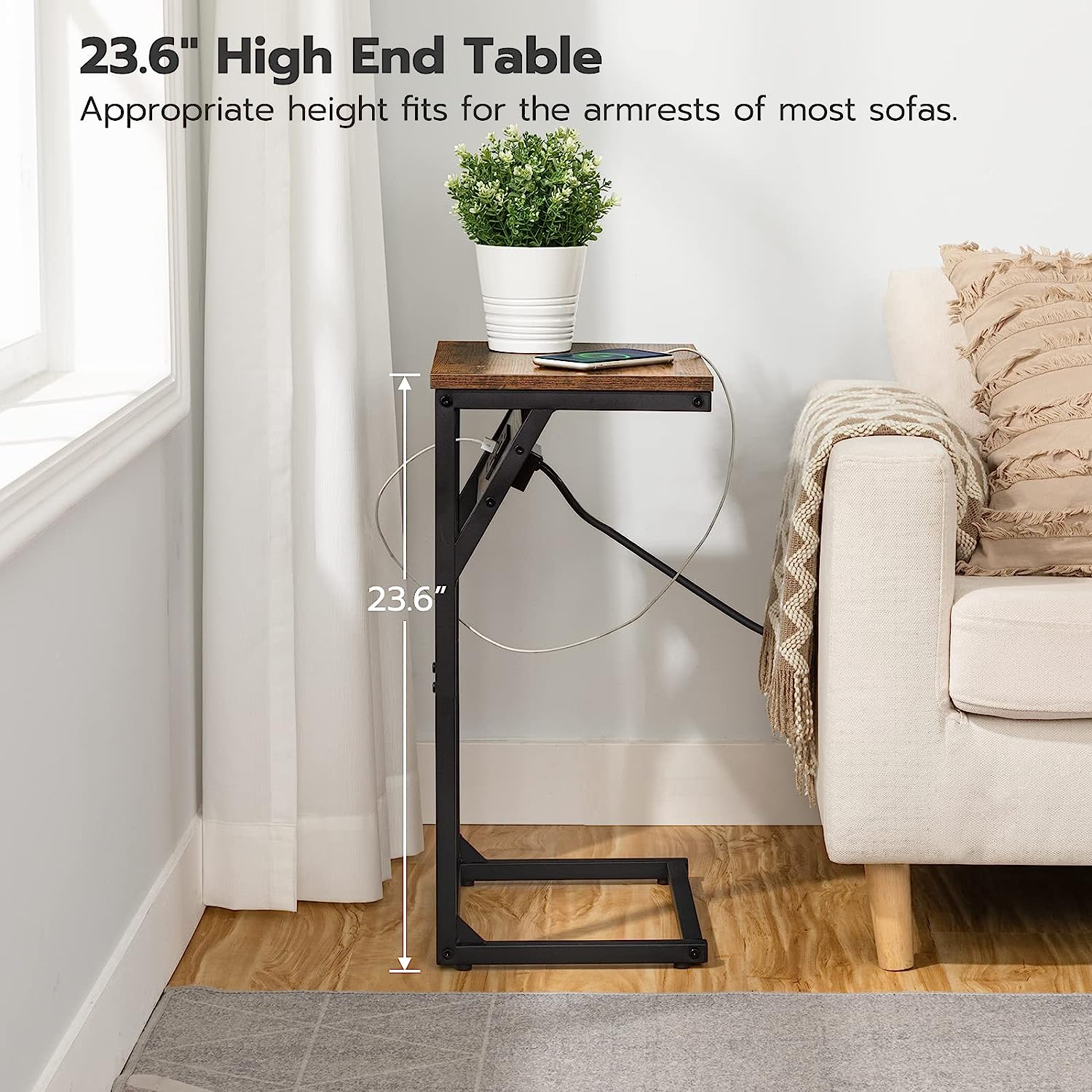 C-Shaped End Tables with Charging Station Side Table for Sofa Industrial Couch Table with Metal Frame for Study Living Room