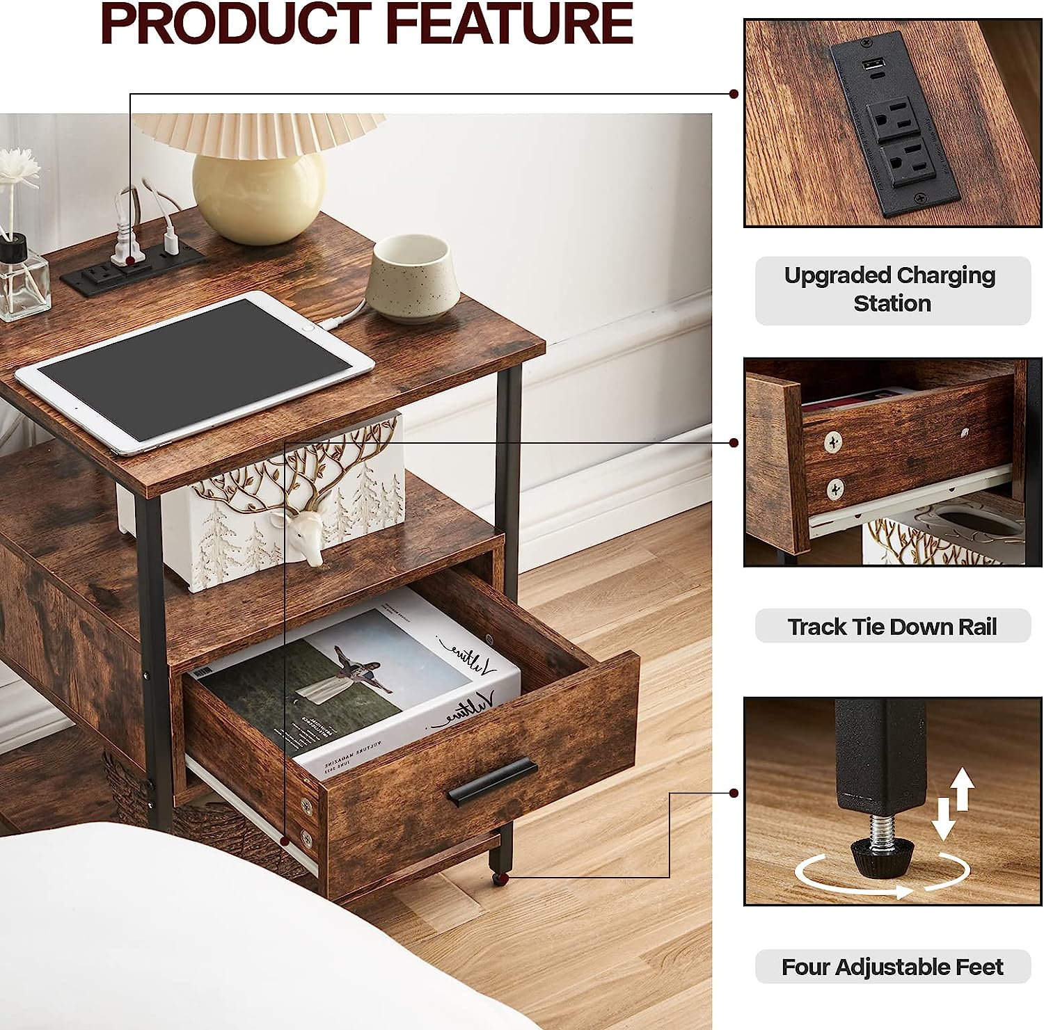 Bedside Tables with Storage Shelf & Drawer End Table with 2 USB Ports And 2 Outlets Nightstand for Bedroom Living