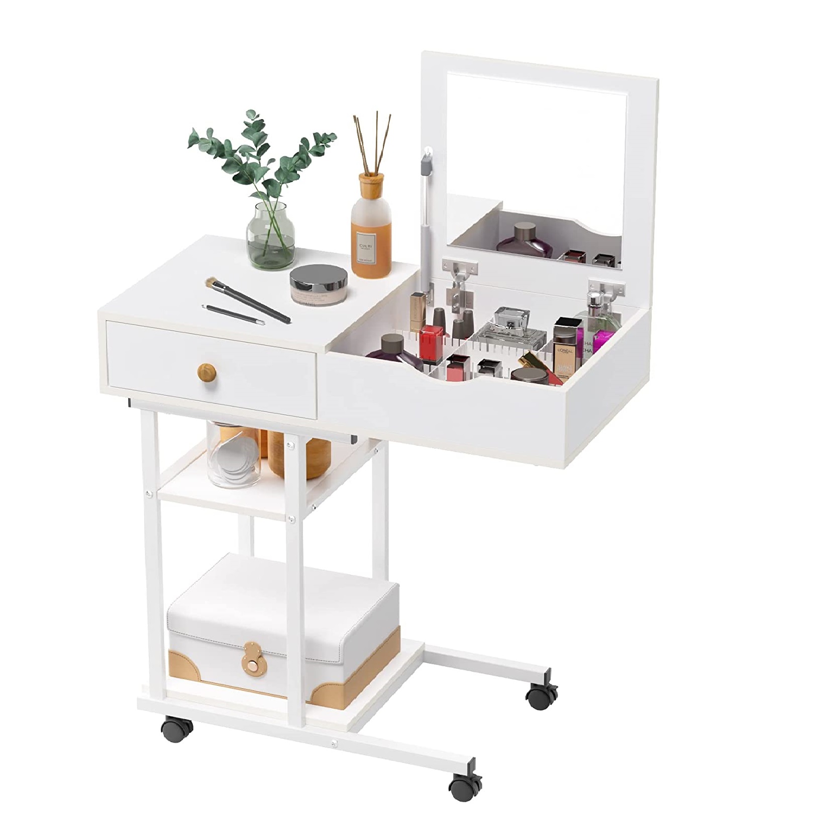 Moveable Vanity Desk Makeup Dressing Table with Drawers and Shelves for Bedroom