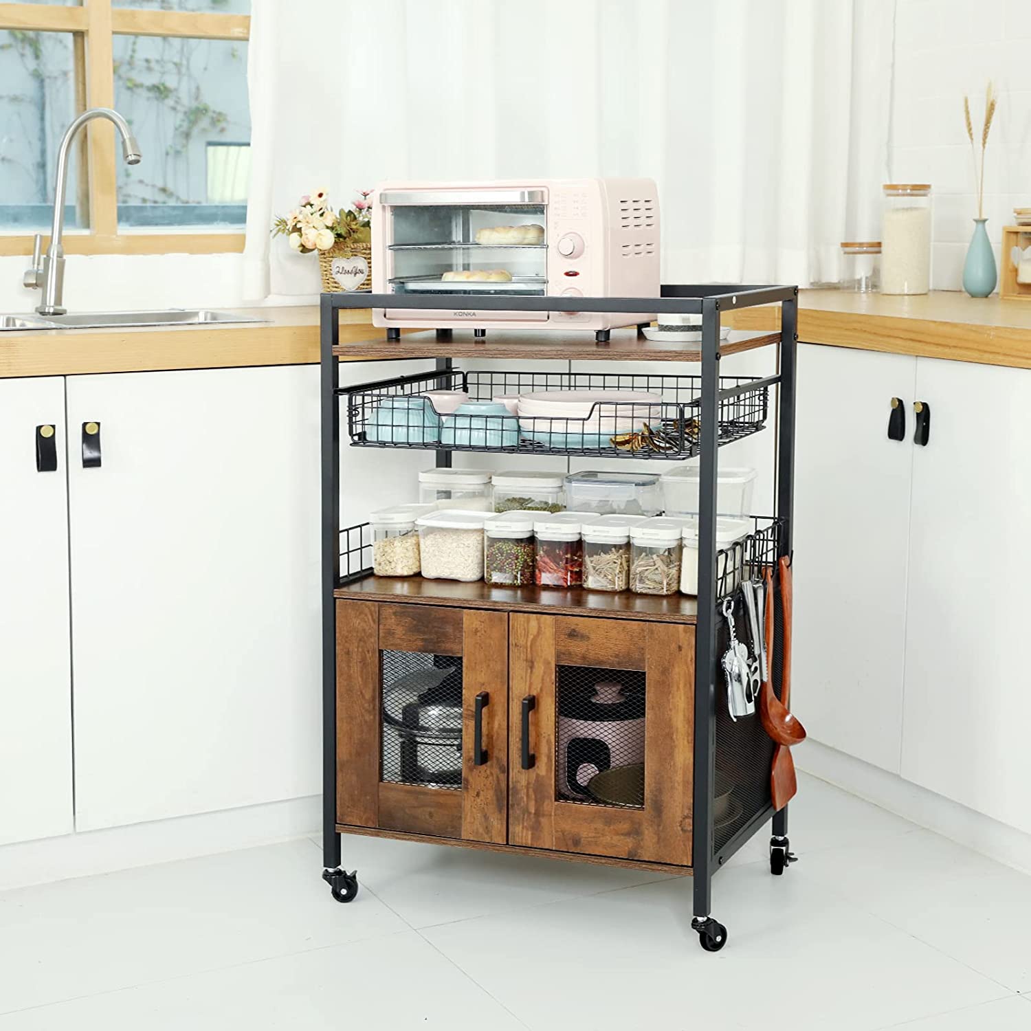 Kitchen Island Microwave Cart Stand Kitchen Trolley with Storage Cabinet Drawer Bar Cart Rolling Coffee Cart Home Bakers