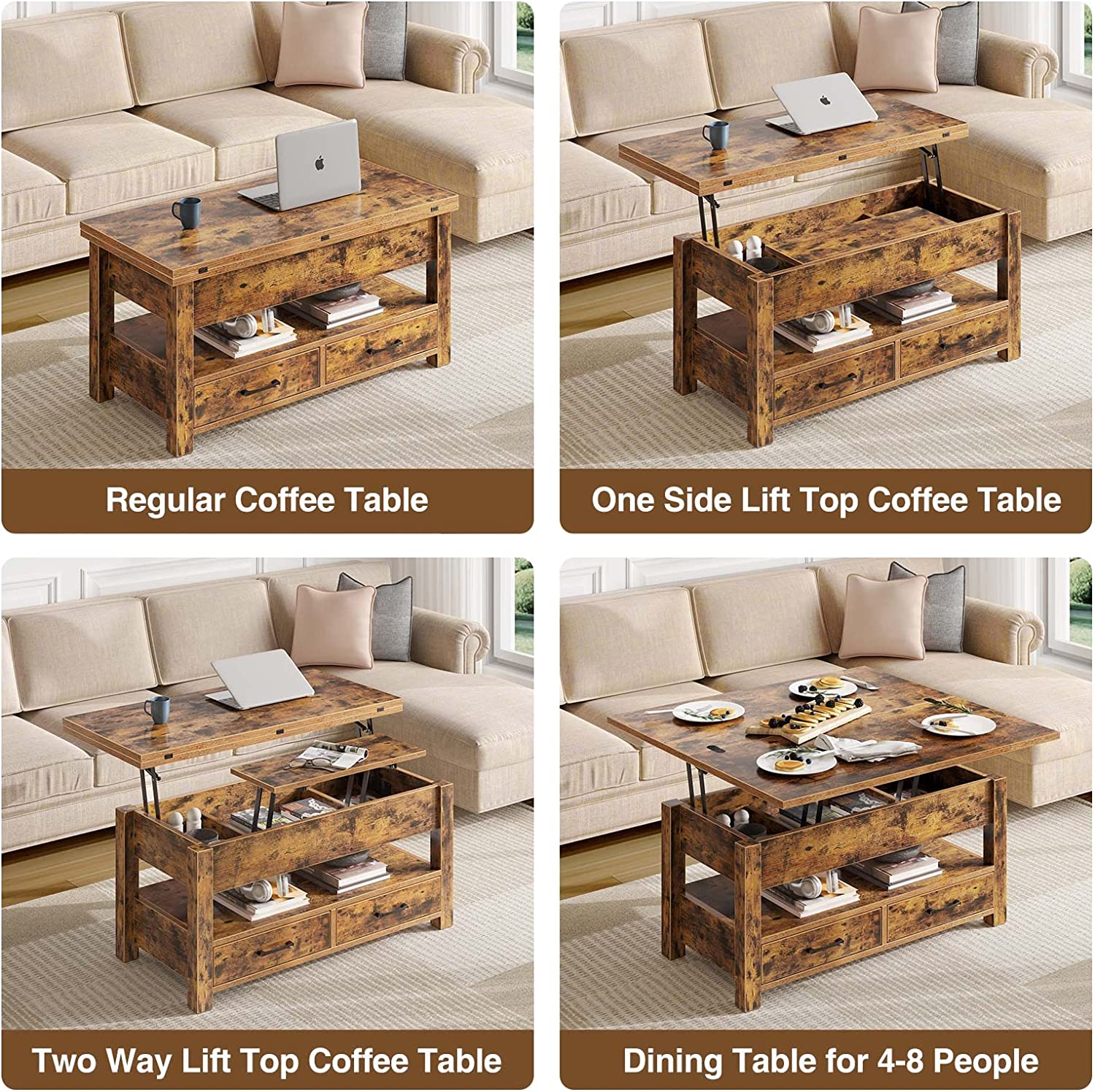 Multi-Function Convertible Coffee Table with Drawers And Hidden Compartment Dining Table
