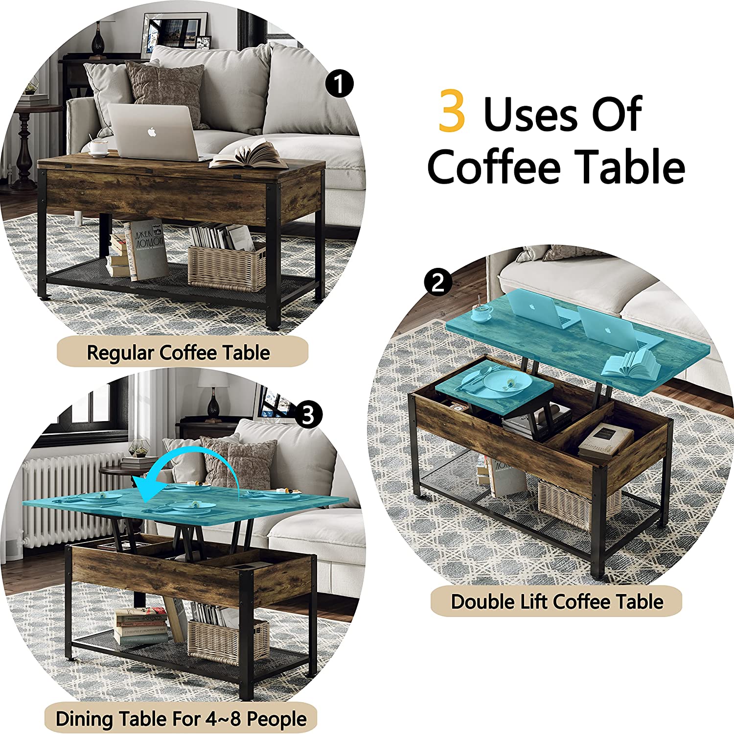 2 Way Lift Top Coffee Table with Hidden Compartment And Storage Shelves