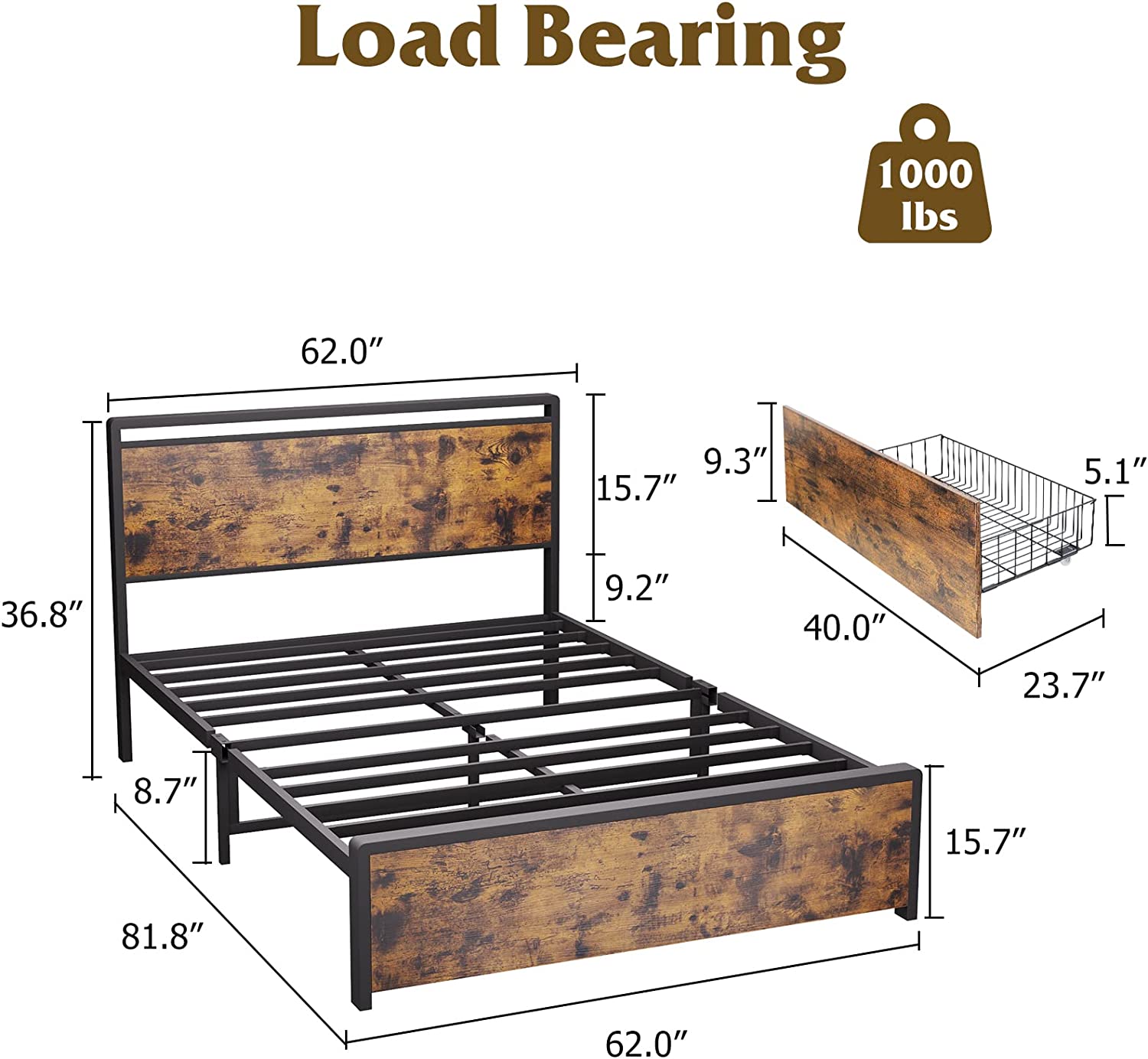 Queen Size Bed Frame with 4 Storage Drawer Wood And Metal Bed Frame