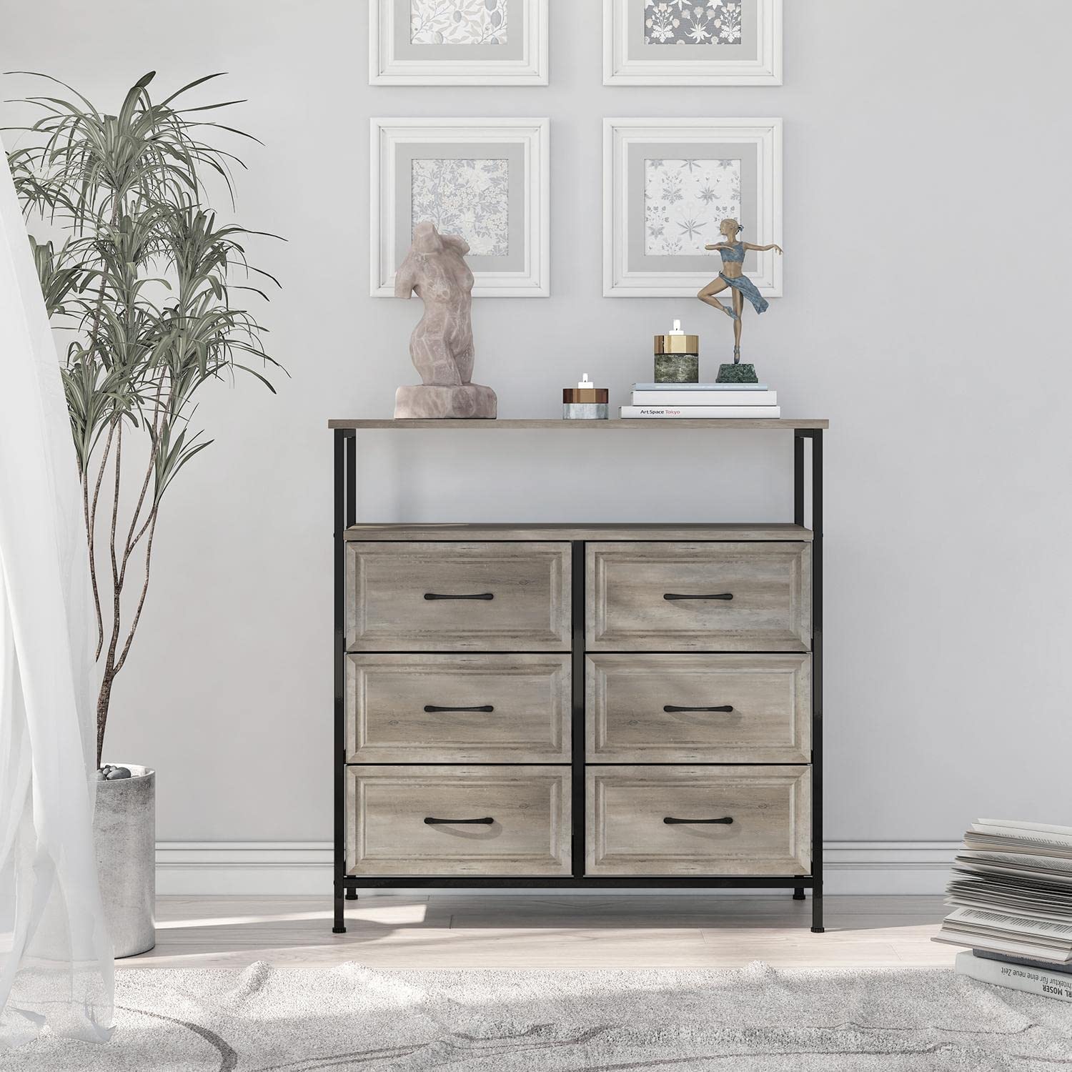 6 Drawer Dresser for Bedroom Rustic Wood Dresser with Shelves Chest of Drawers