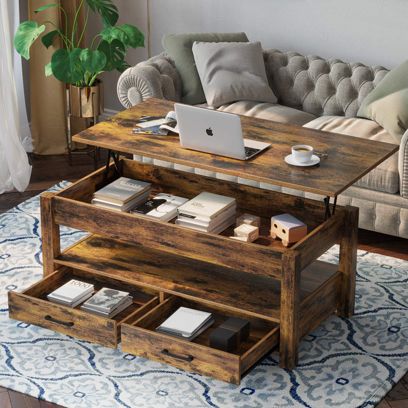 Modern Lift Top Wooden Coffee Table with Large Hidden Compartment and Side Open Shelf