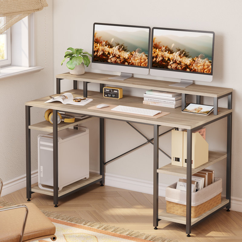 Home Office Furniture Wooden 55 Inches Computer Desk Writing Study Computer Desk with Monitor Shelf