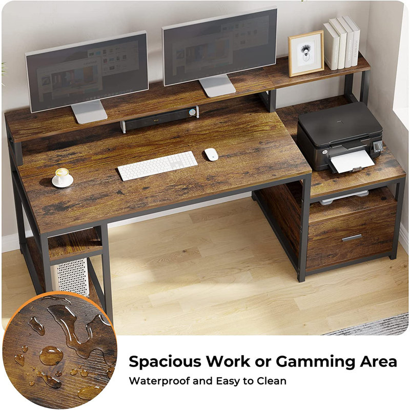 Home Office Wooden Computer Desk 66'' Large Computer Desk with Hutch, Storage Shelves