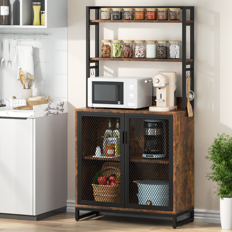 Bakers Rack with Coffee Bar with Wire Basket, Kitchen Storage Rack with 5 Tiers Microwave Stand