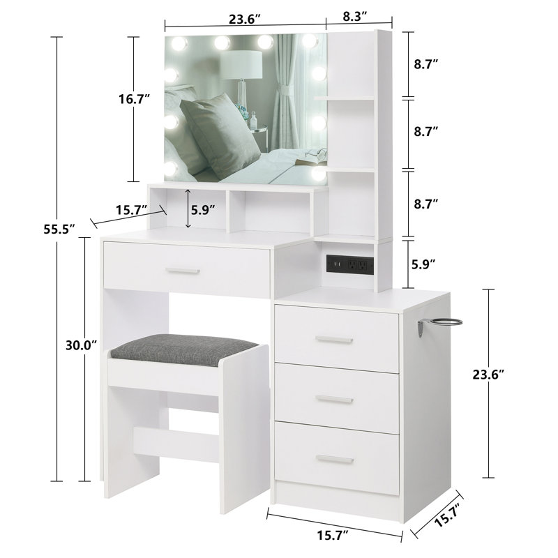 Modern Style Bedroom Furniture White Mirror Makeup Table Wooden Furniture Bedroom Dressing Table with LED Mirror
