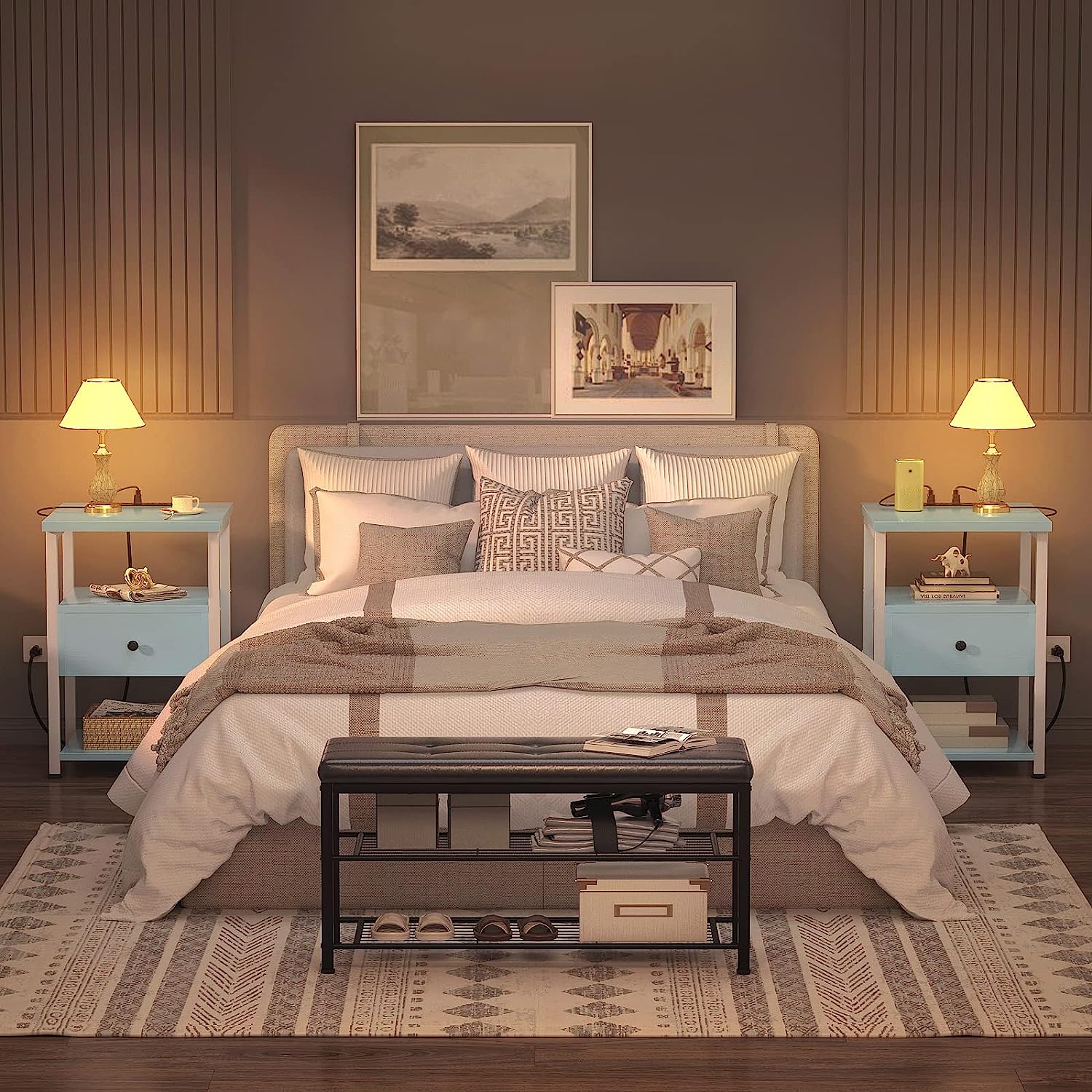 Nightstand Set of 2 End Table Bedside Table Modern Nightstands with with Charging Station Drawers Storage Shelf for Bedroom