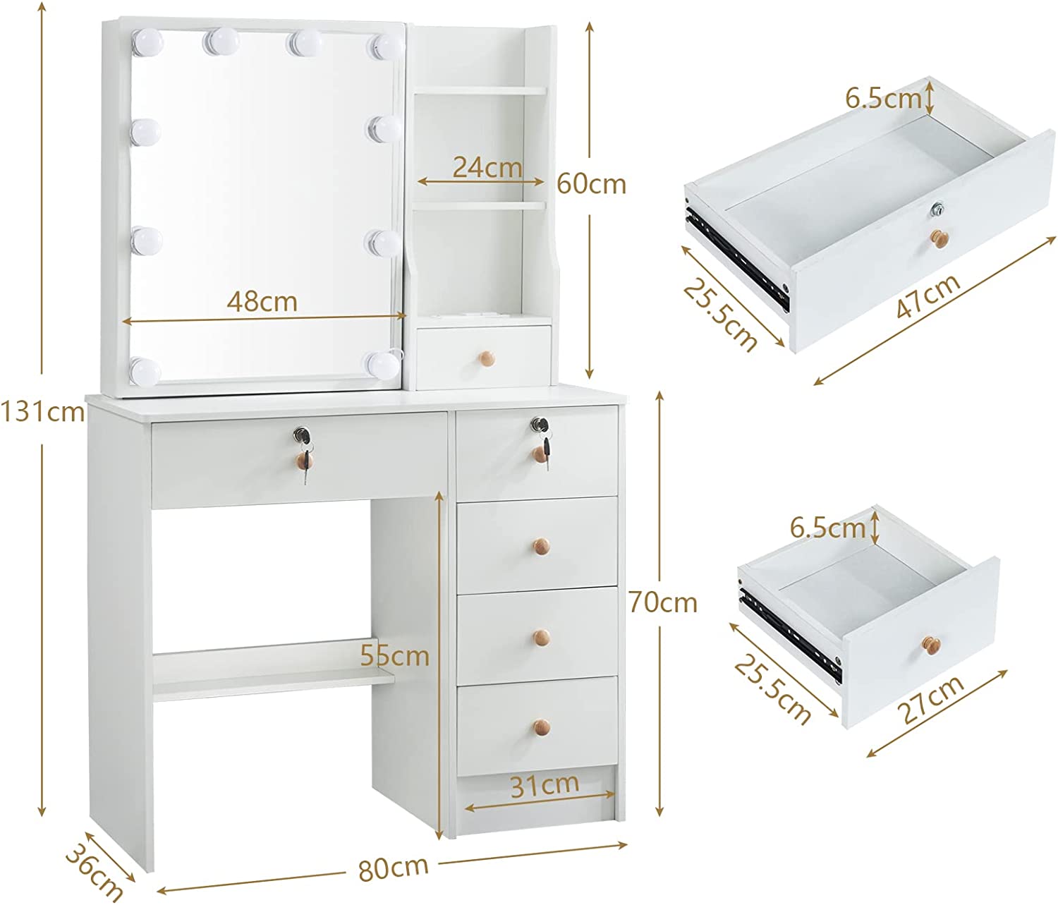Dressing Table Vanity Desk with 10 LED Lighted Mirror for Bedroom Makeup Vanities