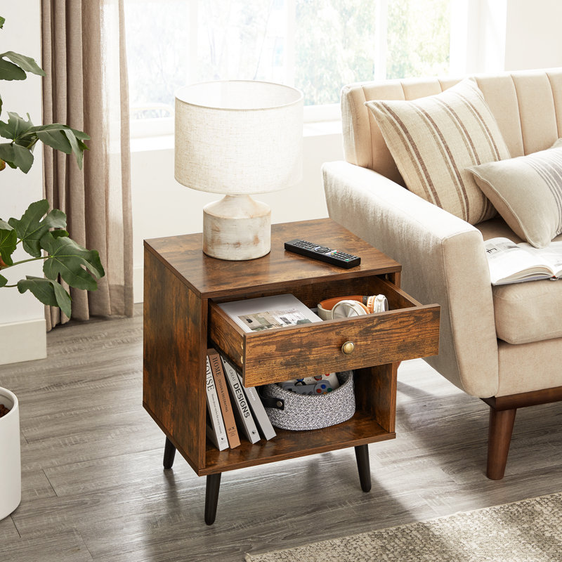 Wood Side Table Modern Nightstand with Metal Legs