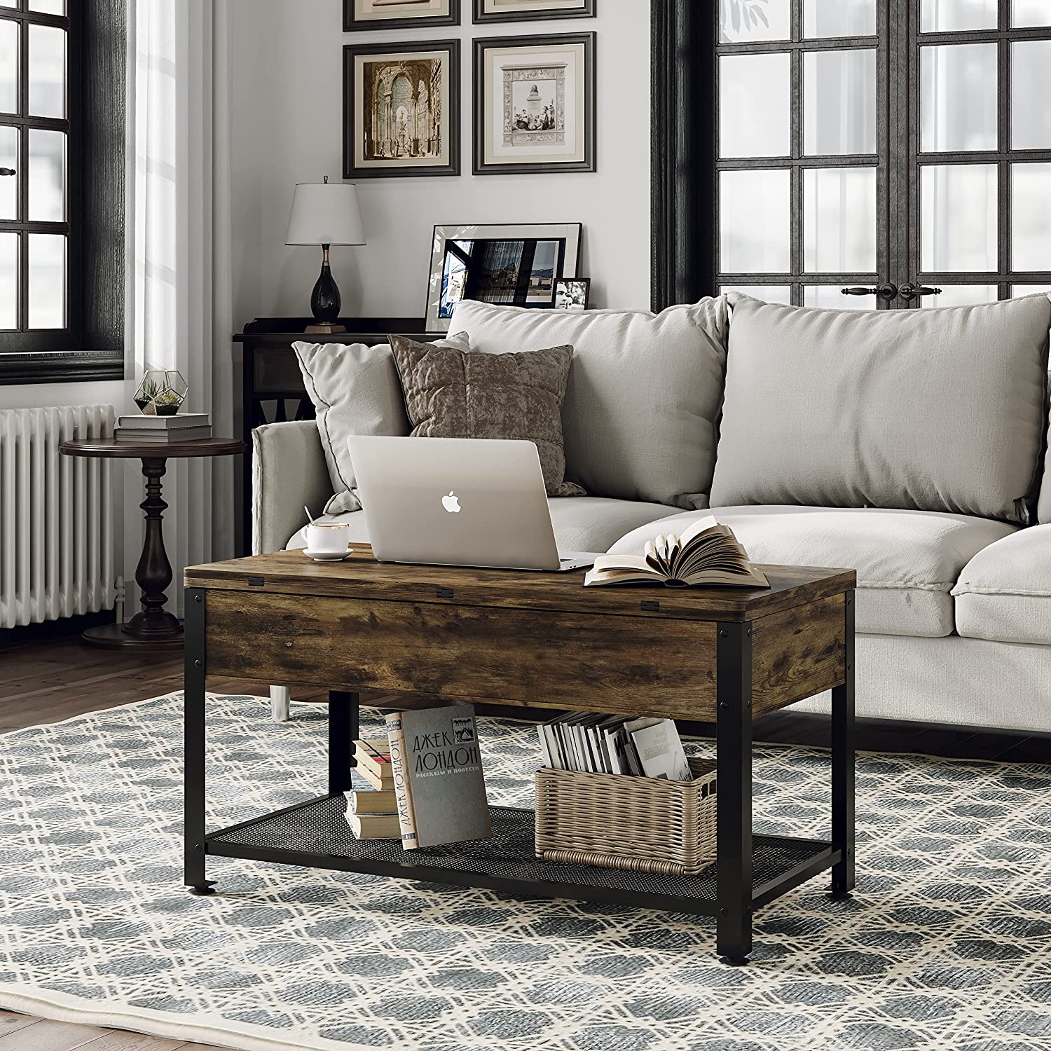 2 Way Lift Top Coffee Table with Hidden Compartment And Storage Shelves