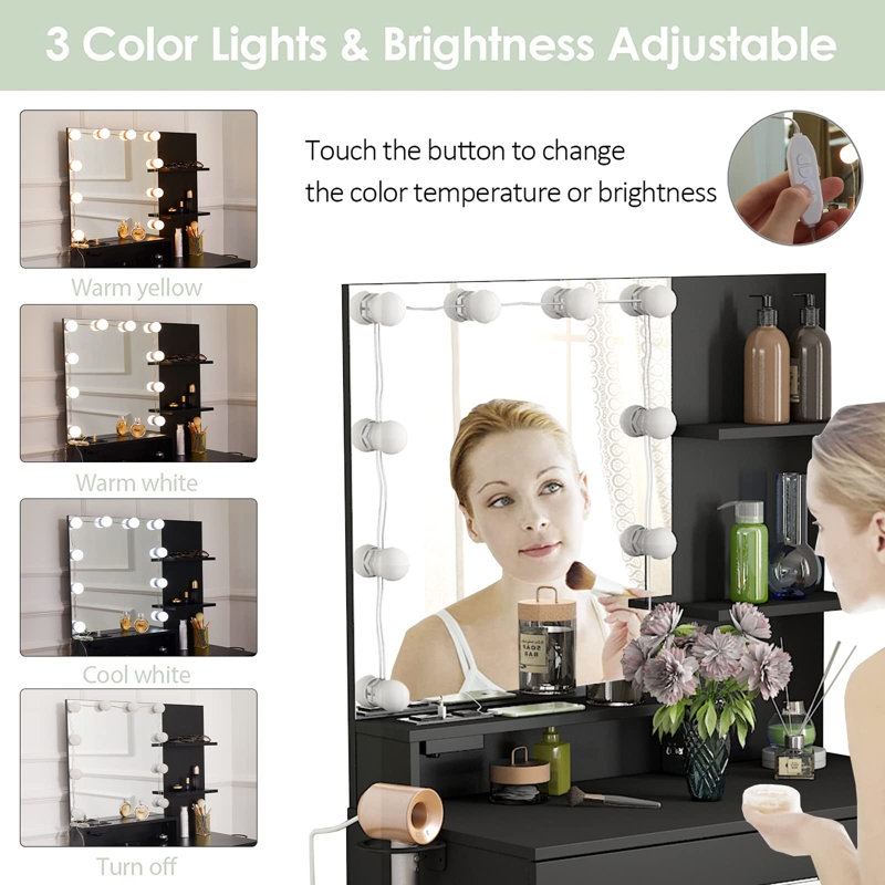 Vanity Dressing Table Set with 10 LED Bulbs Mirror And Charging Station