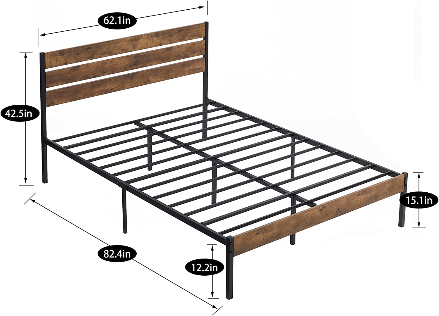 Rustic Vintage Customized Platform Queen Bed Frame with Wood Headboard