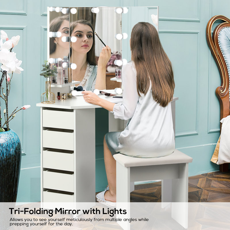 Home Furniture Wooden Modern White Vanity Desk Dressing Table Set with Lighted Mirror