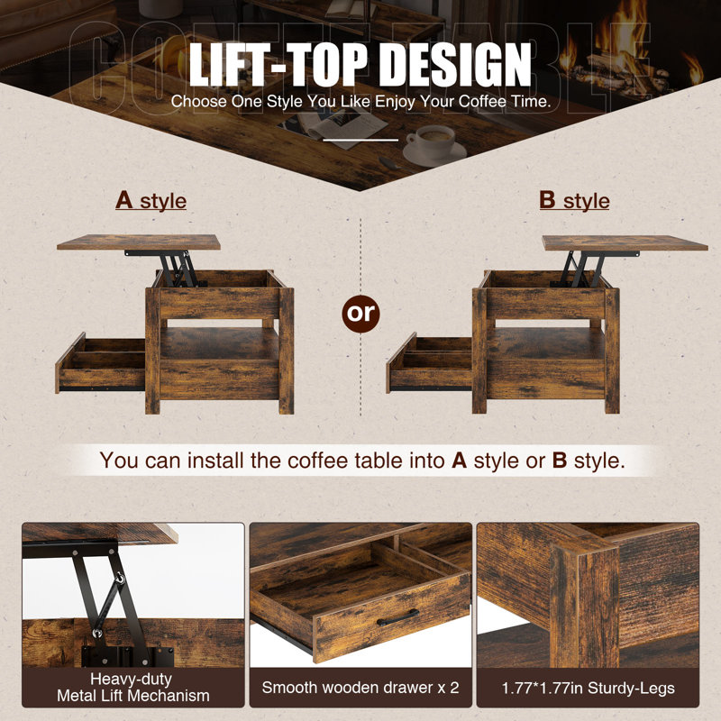 Modern Lift Top Wooden Coffee Table with Large Hidden Compartment and Side Open Shelf