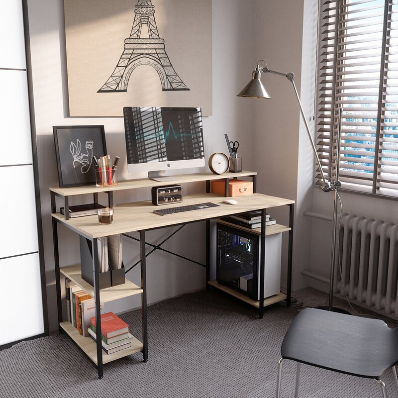 Home Office Furniture Wooden 55 Inches Computer Desk Writing Study Computer Desk with Monitor Shelf
