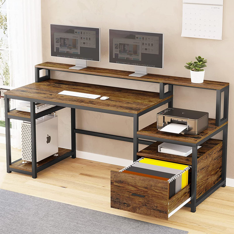 Home Office Wooden Computer Desk 66'' Large Computer Desk with Hutch, Storage Shelves
