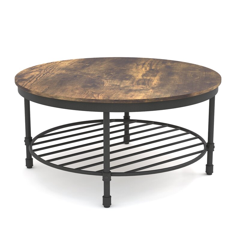 Modern Wood Top Round Coffee Table with Storage Shelf