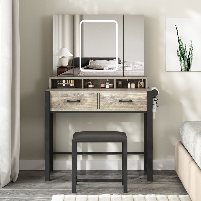 Simple Dressing Table Stand Frame Folding Make Up with Mirror and Charging Station
