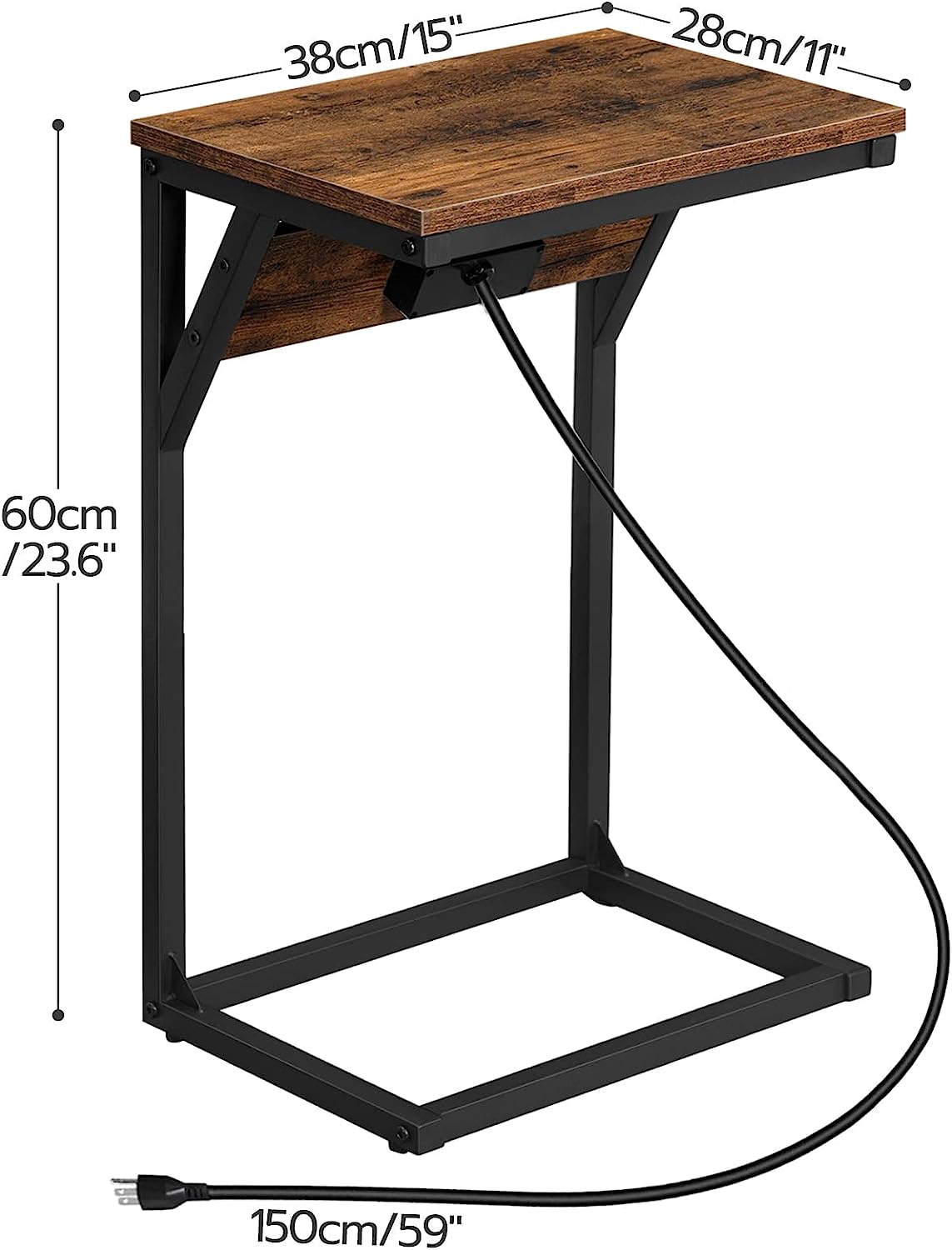 C-Shaped End Tables with Charging Station Side Table for Sofa Industrial Couch Table with Metal Frame for Study Living Room