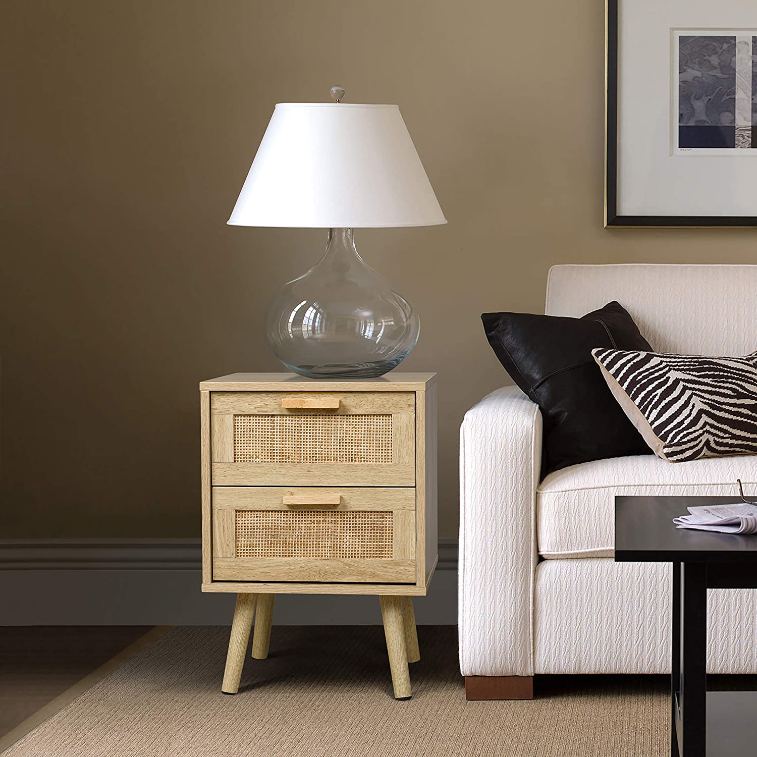 Custom Size Wood Side Table Modern Rattan Nightstand for Bedroom