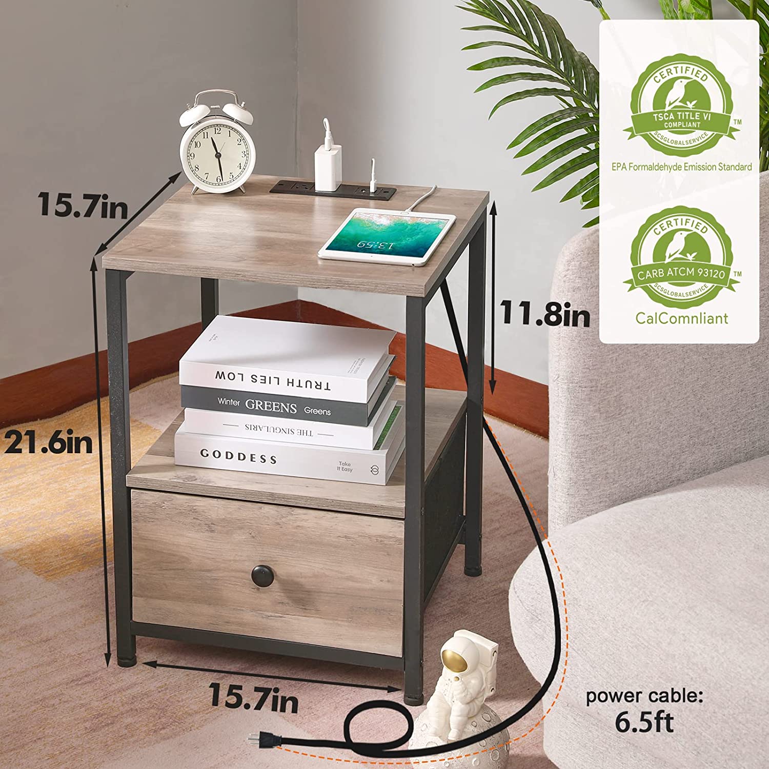 End Tables Set of 2 Nightstands with Storage with Charging Station