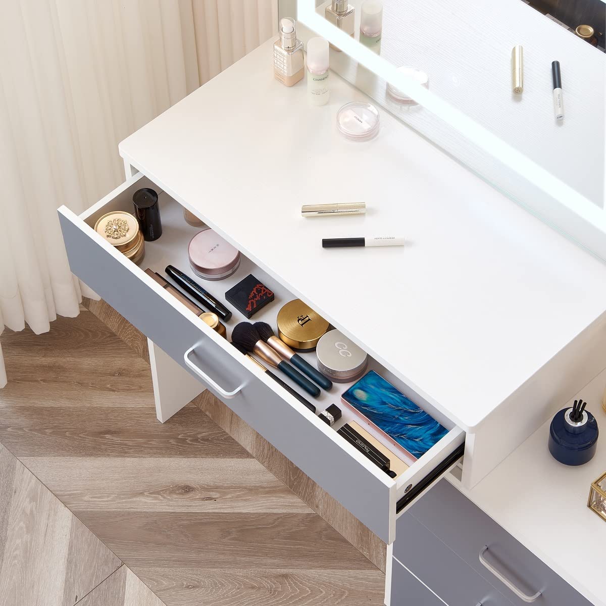 Large Vanity Makeup Dressing Table Set Modern Makeup Table with LED Touch Light Mirror