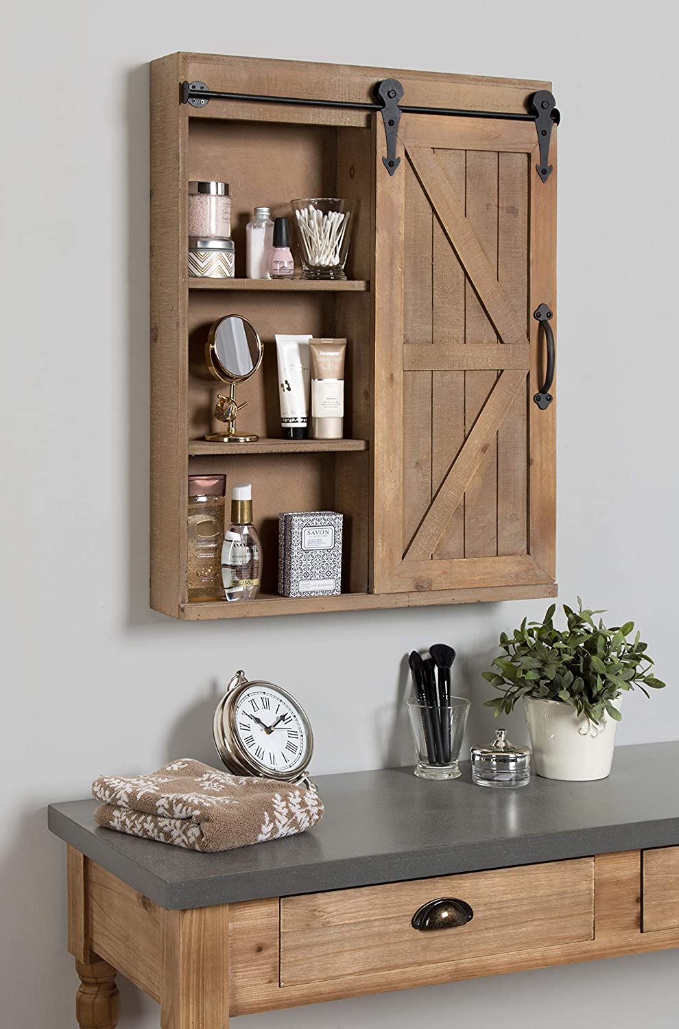 Custom Wood Bathroom Wall Storage Cabinet with Vanity Mirror And Sliding Barn Door