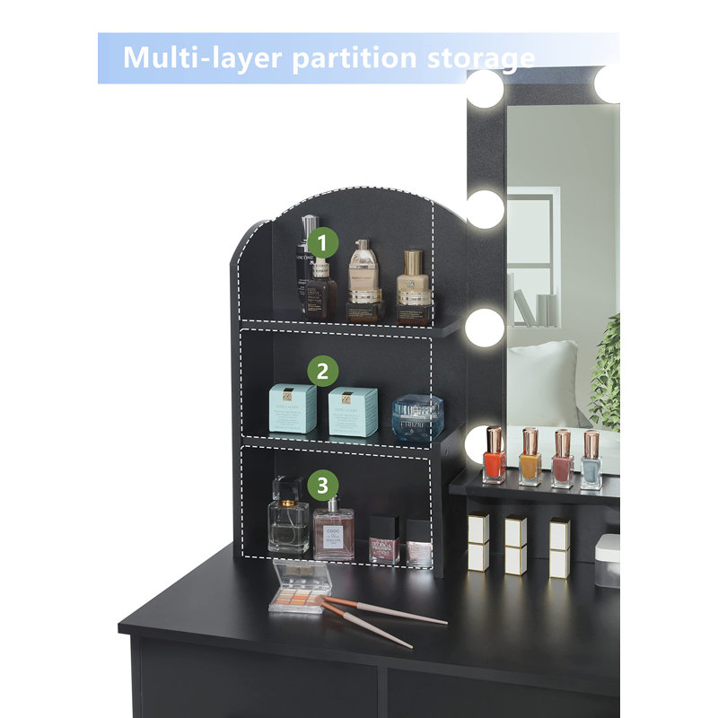 Black Dressing Table Vanity Desk with 10 LED Lighted And Charging Station for Bedroom