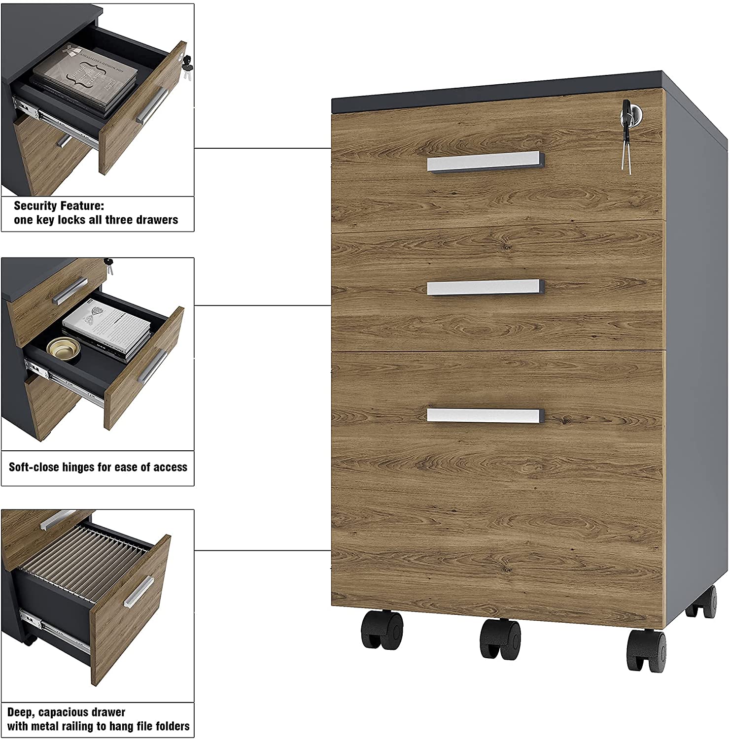 Wood Small Rolling File Cabinet with Locked for Home And Office 3 Drawer 