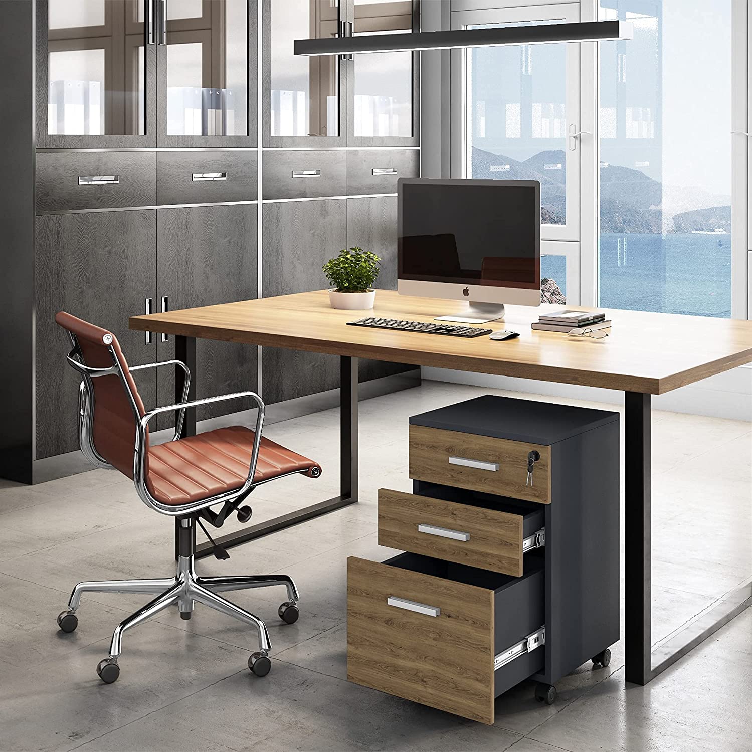 Wood Small Rolling File Cabinet with Locked for Home And Office 3 Drawer 