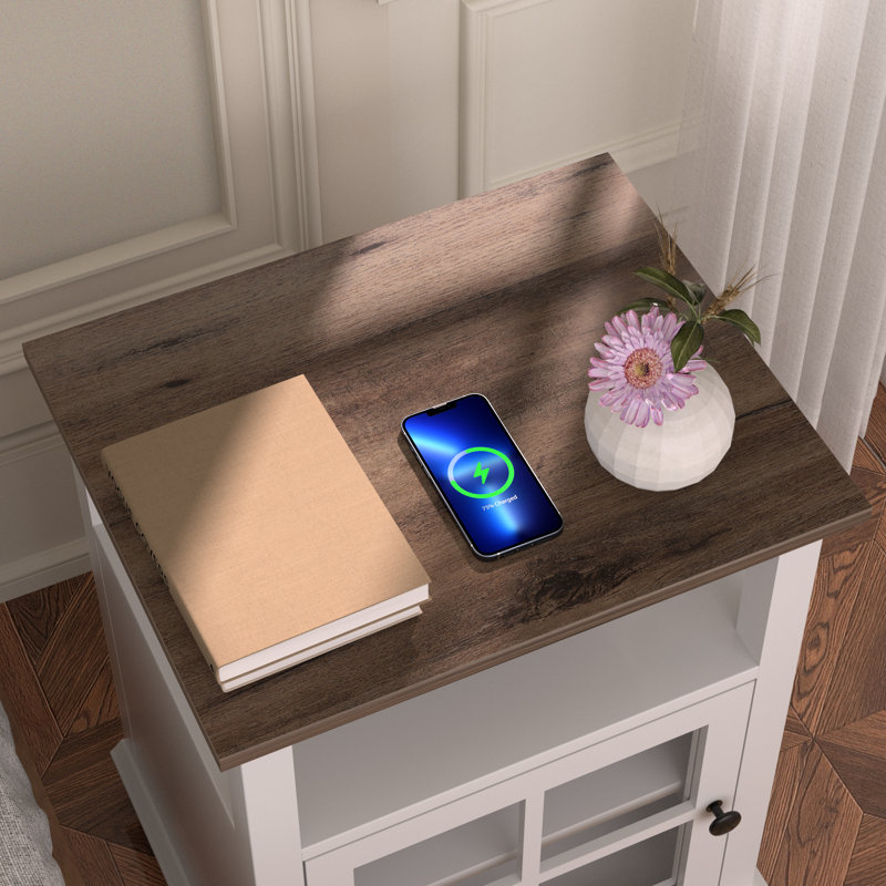 Wooden Side Table Nightstand with Charging Station for Bedroom