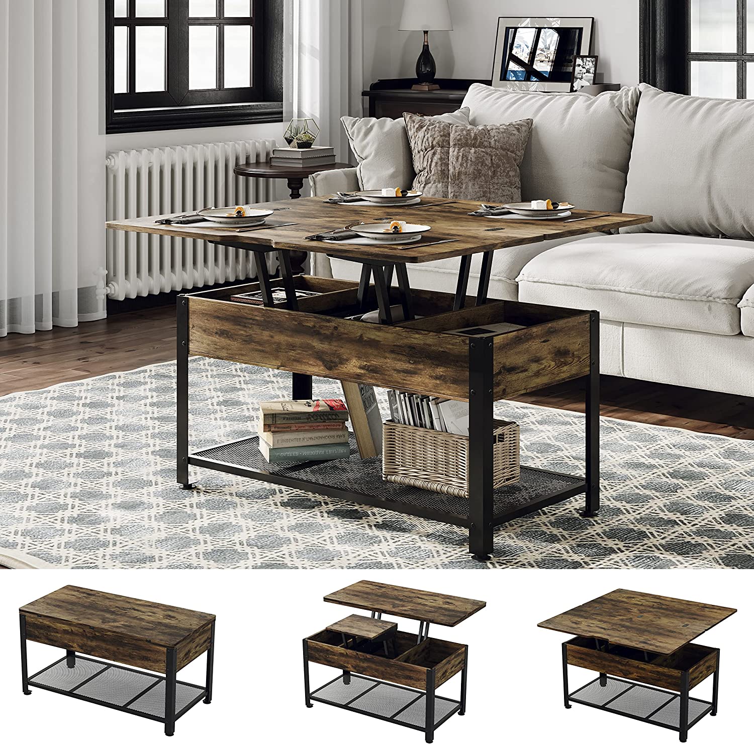 2 Way Lift Top Coffee Table with Hidden Compartment And Storage Shelves