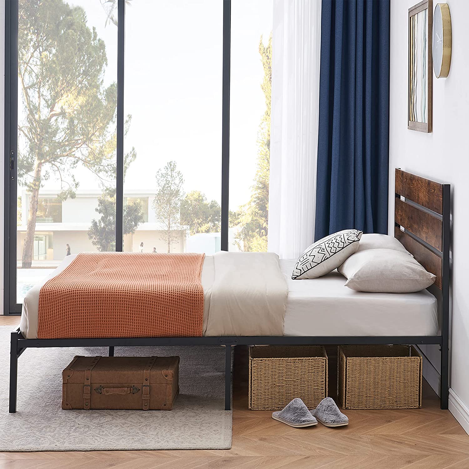 Rustic Vintage Customized Platform Queen Bed Frame with Wood Headboard