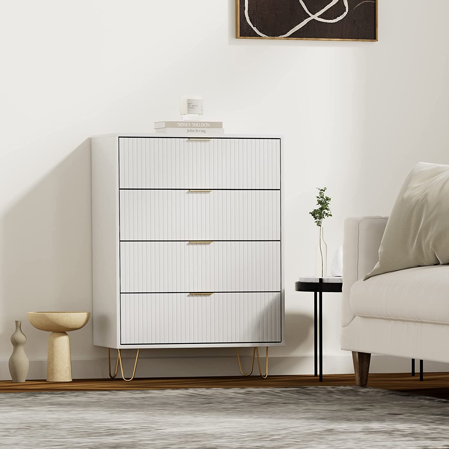 4 Drawer Chest Tall Storage Dresser Chest Cabinet Organizer Unit Drawer Dresser with Metal Legs for Bedroom