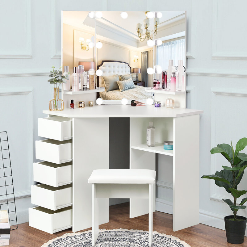 Home Furniture Wooden Modern White Vanity Desk Dressing Table Set with Lighted Mirror