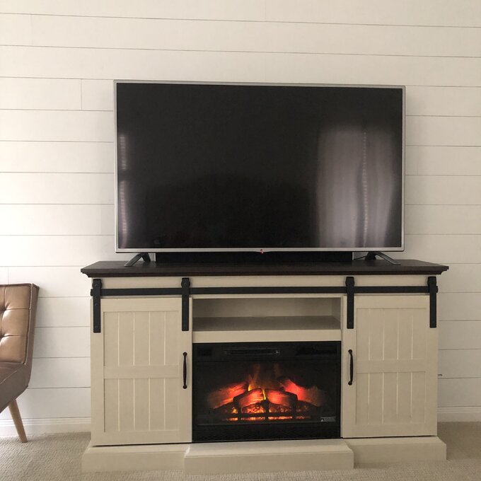 White Oak tv fireplace stand in living room