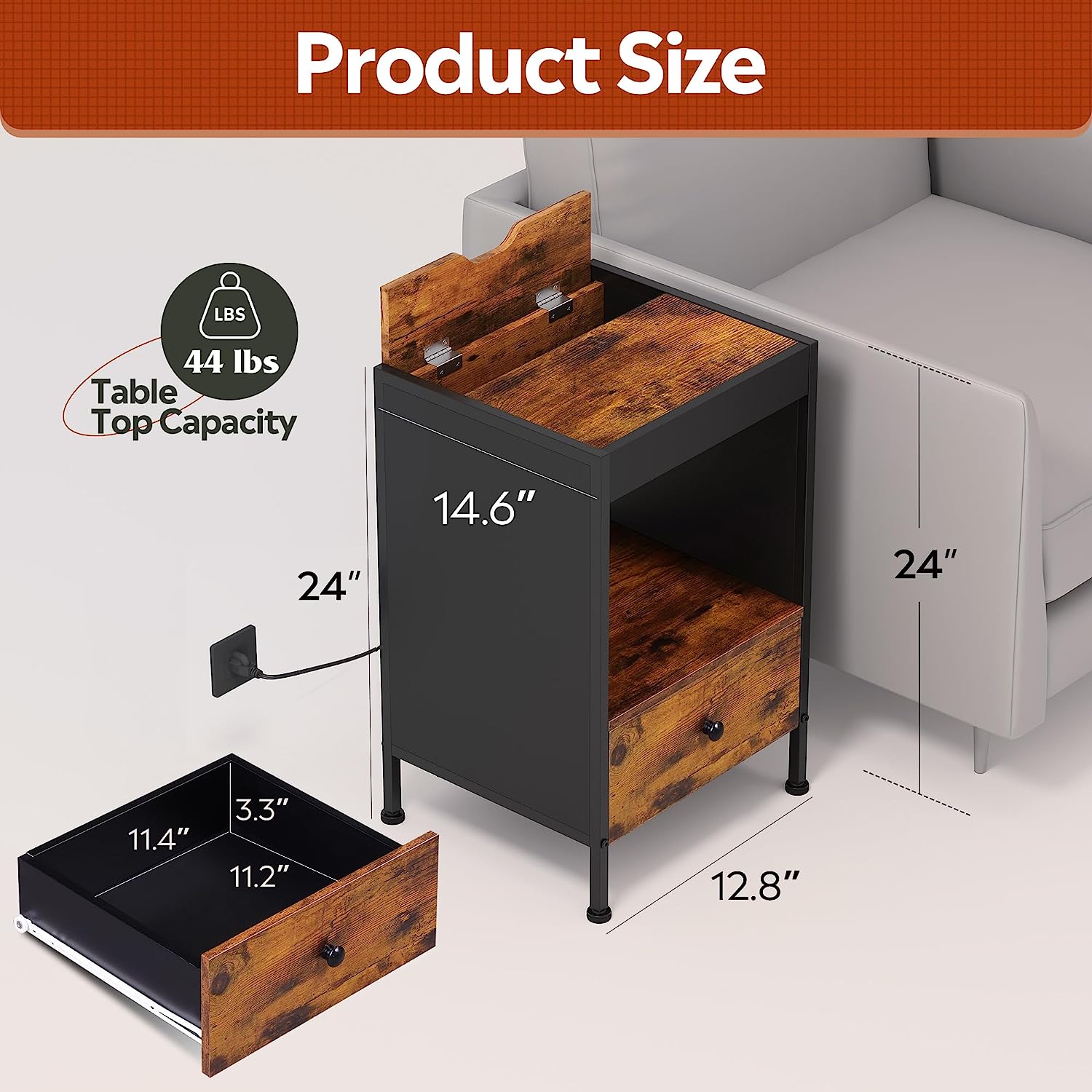 Industrial Metal Frame Narrow Nightstand Bedside End Table with USB Ports And Outlets Wood Drawers