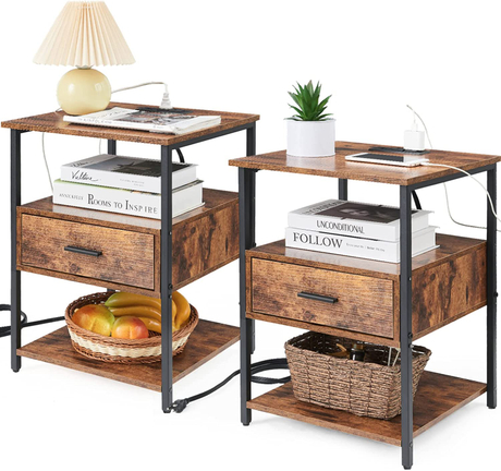 Bedside Tables with Storage Shelf & Drawer End Table with 2 USB Ports And 2 Outlets Nightstand for Bedroom Living
