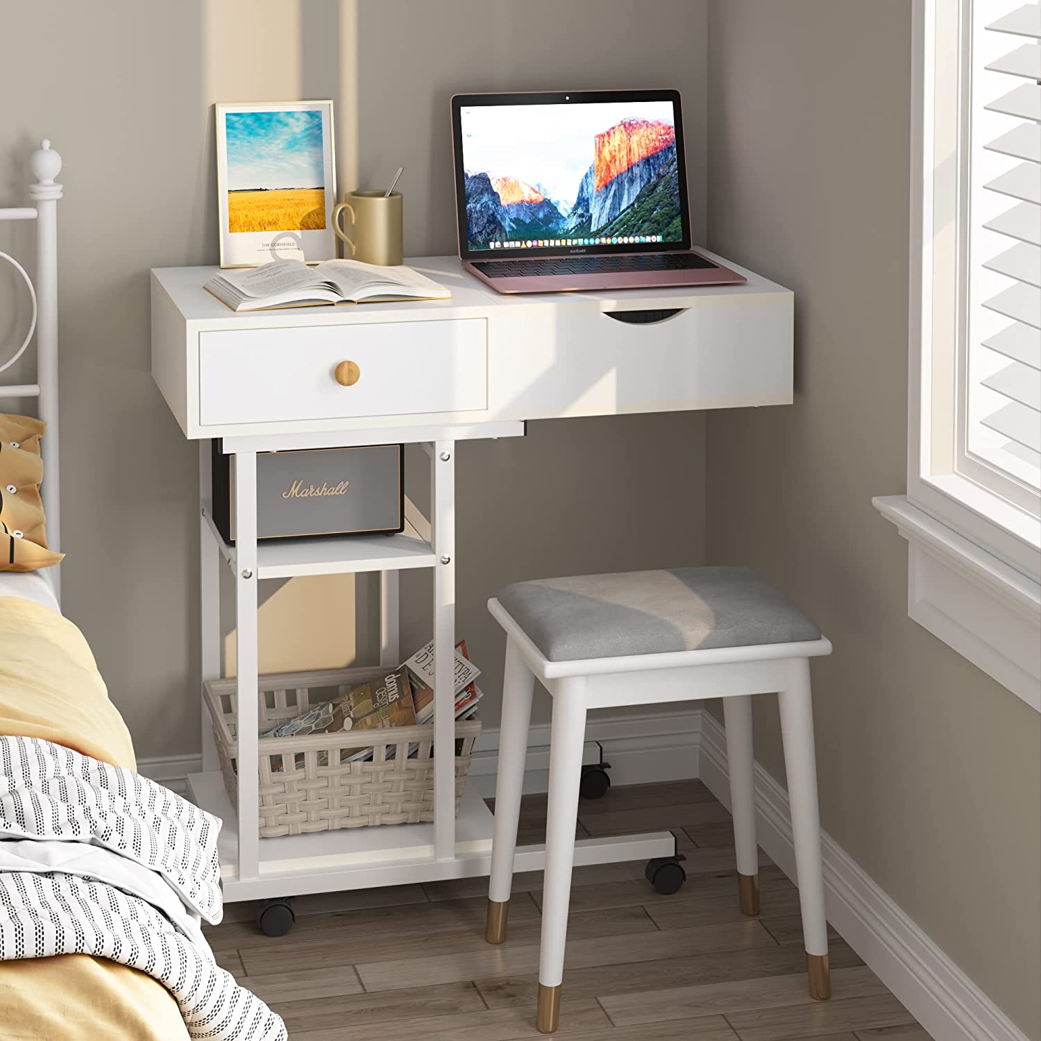 Moveable Vanity Desk Makeup Dressing Table with Drawers and Shelves for Bedroom