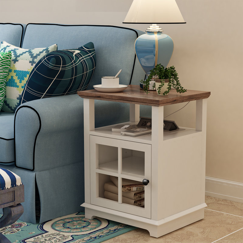 Wooden Side Table Nightstand with Charging Station for Bedroom